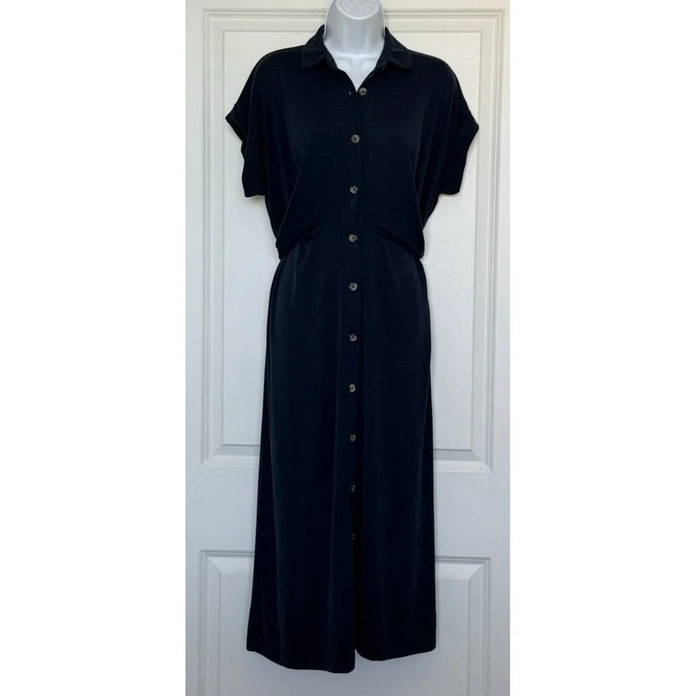 Ann Taylor LOFT Full Button Twist Tie Waist Stretch Shirt Midi Dress Navy Sz 10P